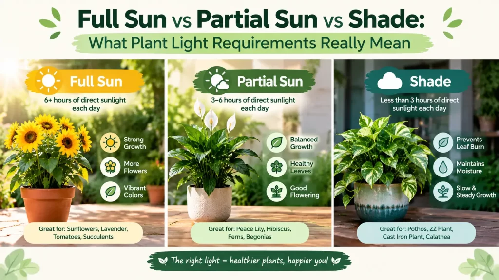 Infographic comparing full sun, partial sun, and shade plant light requirements