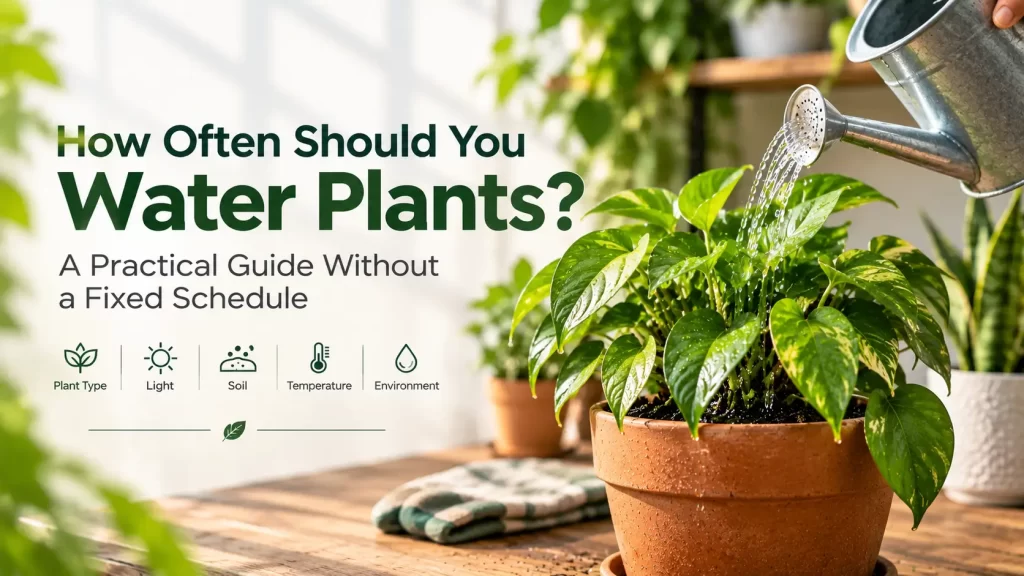 Houseplant being watered with a watering can in a terracotta pot