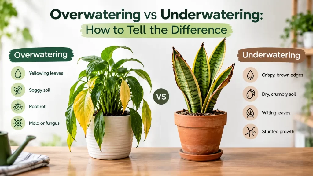 Overwatered and underwatered houseplants showing common watering symptoms