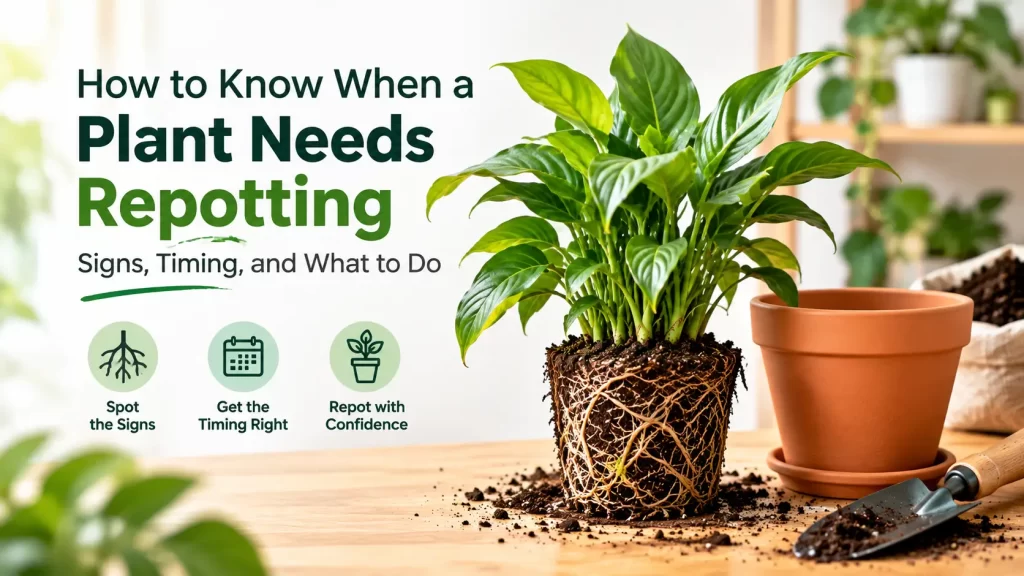 Plant showing signs it needs repotting with exposed root-bound soil
