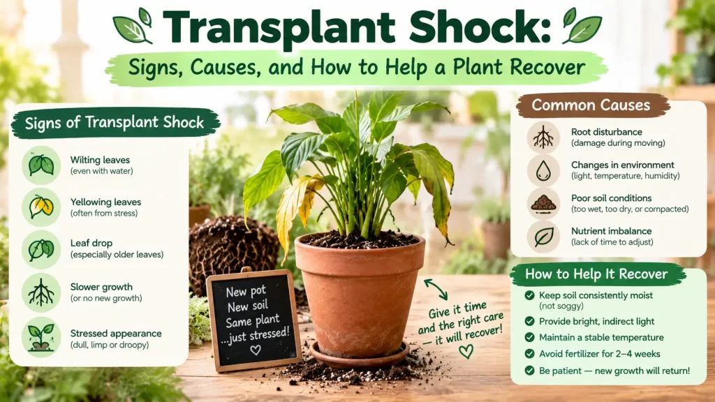 Houseplant showing signs of transplant shock with wilting and yellowing leaves