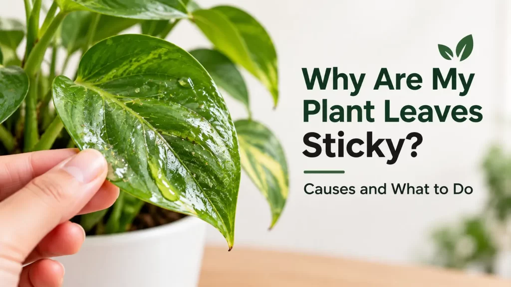 Plant leaf covered with sticky residue showing causes of sticky leaves