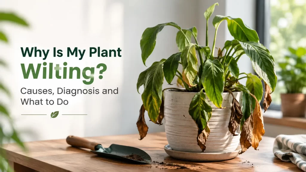 Wilted houseplant with drooping leaves showing signs of plant stress